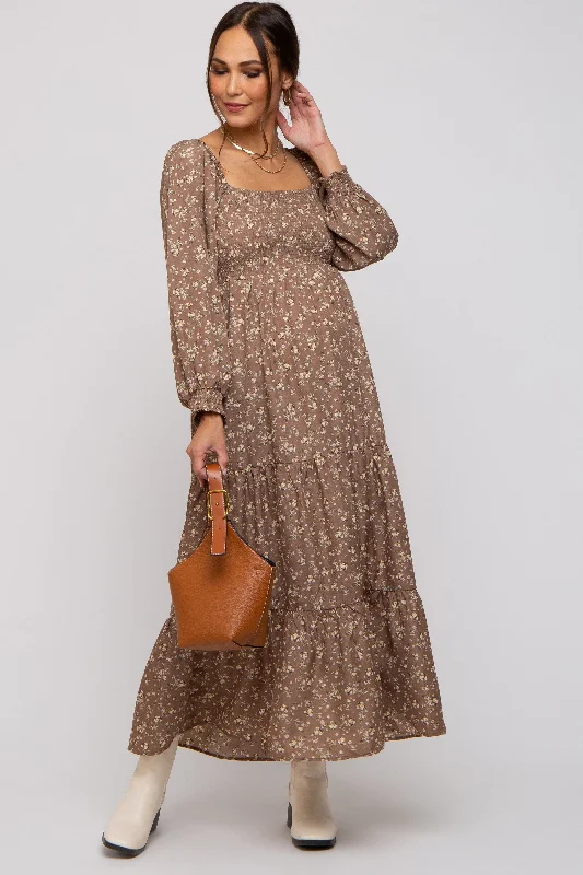 Mocha Floral Smocked Long Sleeve Maternity Maxi Dress Elegant Lace-Up Maxi Dress