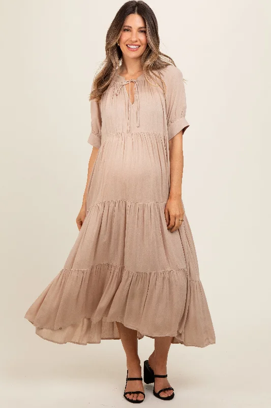 Mocha Lightweight Flowy Tiered Maternity Maxi Dress Comfortable Ruffle Hem Maxi Dress