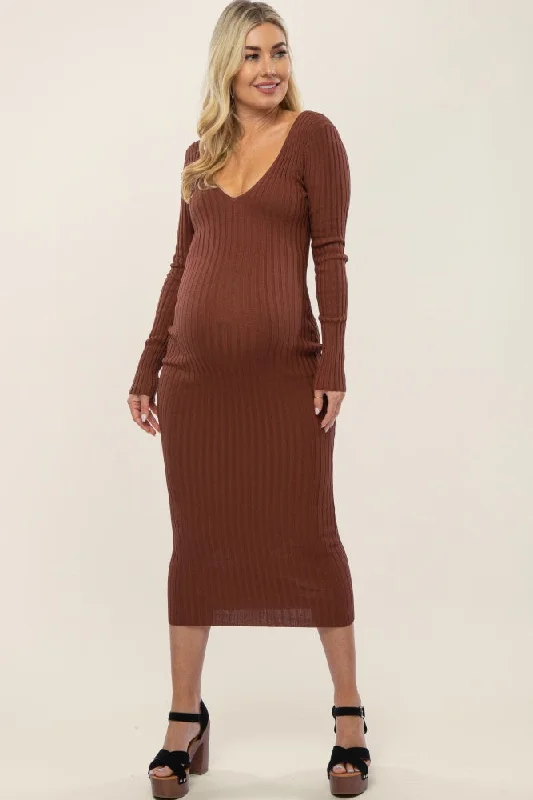 Mocha V-Neck Long Sleeve Fitted Maternity Maxi Dress Fashionable Chiffon Maxi Dress