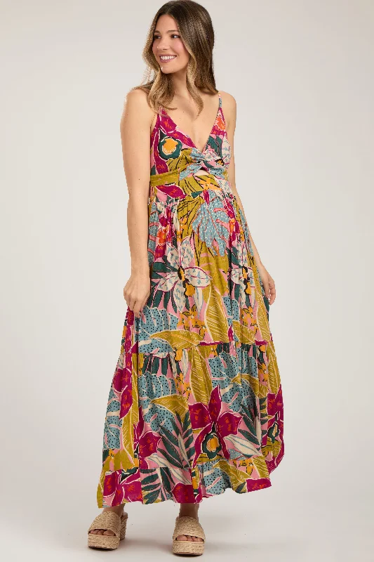 Multi-Color Floral V-Neck Front Knot Tiered Maternity Maxi Dress Elegant Velvet Maxi Dress