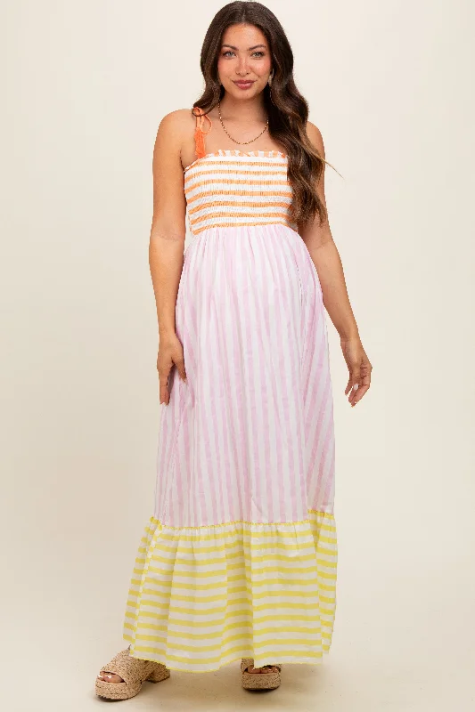 Multi-Color Striped Color Block Shoulder Tie Maternity Maxi Dress Comfortable T-Shirt Maxi Dress