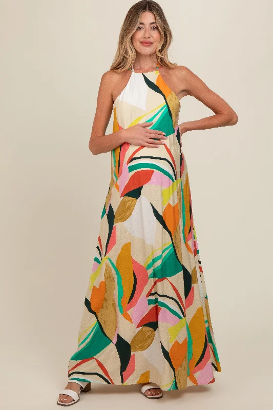 Multicolor Abstract Print Halter Maternity Maxi Dress Classic Black Maxi Dress