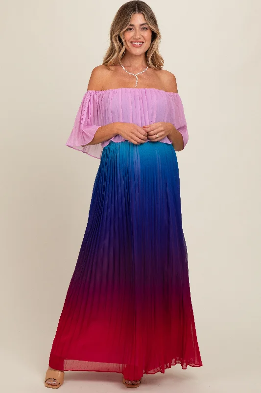 Multicolor Off Shoulder Pleated Maternity Maxi Dress Comfortable Ruffle Hem Maxi Dress