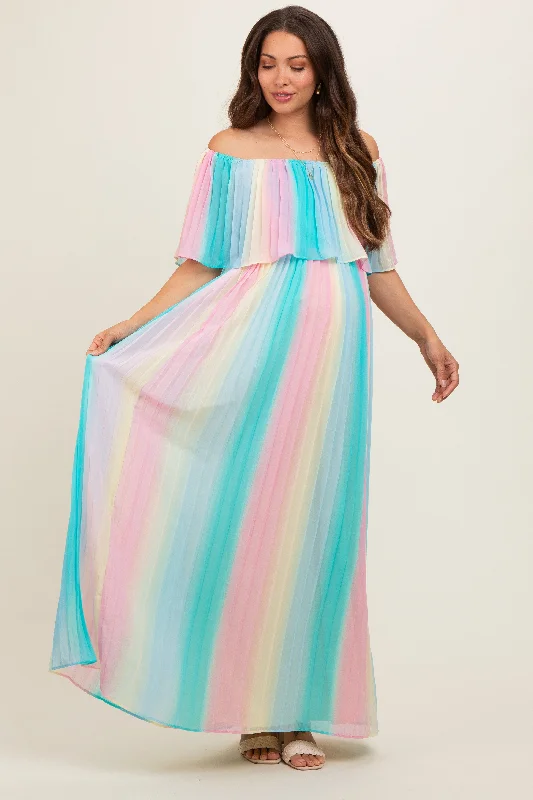 Multicolor Pleated Off Shoulder Maternity Maxi Dress Cozy Knitted Maxi Dress