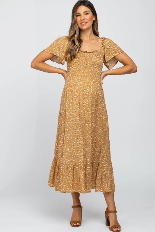 Mustard Floral Smocked Maternity Maxi Dress Stylish Empire Waist Maxi Dress