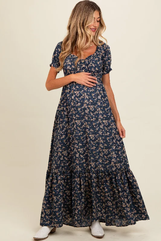 Navy Blue Floral Button Accent Maternity Maxi Dress Cozy Ruffle Sleeve Maxi Dress