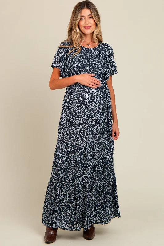 Navy Blue Floral Smocked Flutter Sleeve Maternity Maxi Dress Stylish V-Neck Maxi Dress