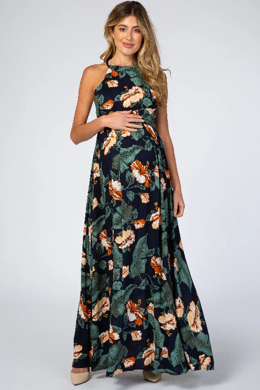 Navy Blue Palm Print Cross Back Maternity Maxi Dress Fashionable Asymmetrical Maxi Dress Navy Blue Palm Print Cross Back Maternity Maxi Dress Fashionable Asymmetrical Maxi Dress