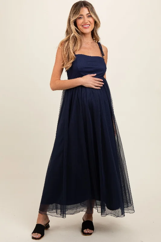 Navy Blue Square Neck Shoulder Tie Tulle Maternity Maxi Dress Trendy Printed Maxi Dress