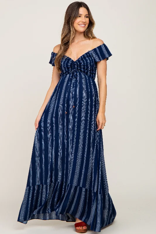 Navy Blue Striped Off Shoulder Front Tie Maternity Maxi Dress Elegant Maxi Dress with Ruffles