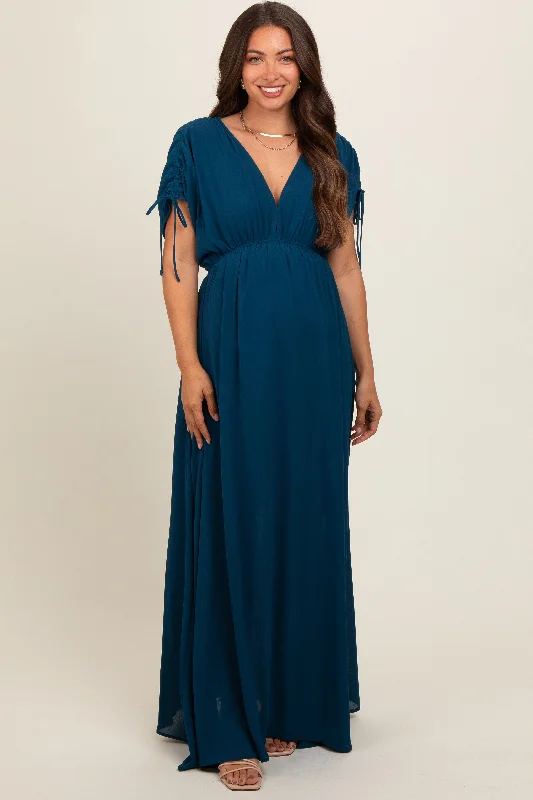 Navy Blue V-Neck Drawstring Short Sleeve Side Slit Maternity Maxi Dress Trendy Maxi Dress with Straps