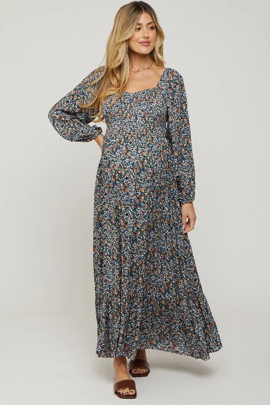 Navy Floral Long Sleeve Maternity Maxi Dress Trendy A-Line Maxi Dress