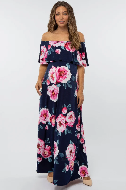 Navy Floral Off Shoulder Flounce Maternity Maxi Dress Fashionable Chiffon Tiered Maxi Dress Navy Floral Off Shoulder Flounce Maternity Maxi Dress Fashionable Chiffon Tiered Maxi Dress
