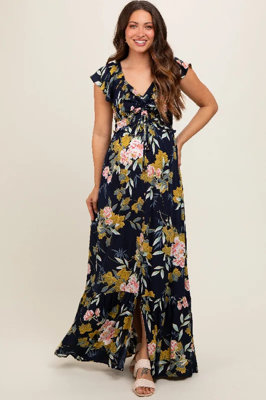 Navy Floral Smocked Cinched Top Maternity Maxi Dress Fashionable High-Waist Maxi Dress