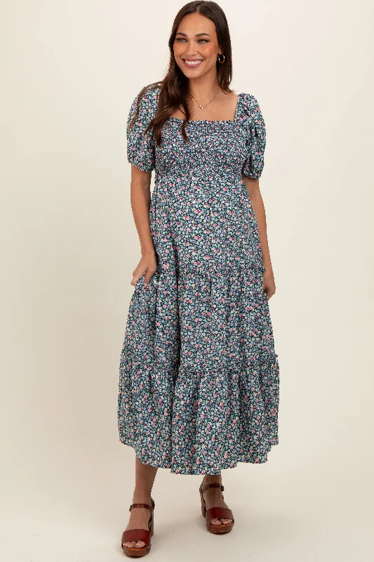 Navy Floral Smocked Tiered Puff Sleeve Maternity Maxi Dress Comfortable Ruffle Hem Maxi Dress