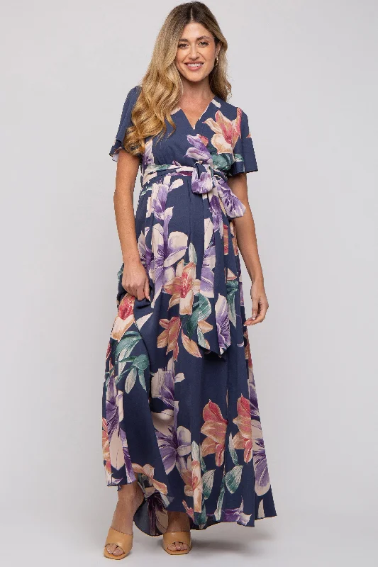 Navy Floral Wrap V-Neck Maternity Maxi Dress Cozy Maxi Dress with Slit