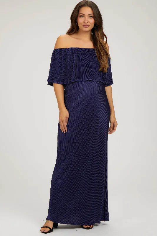 Navy Pleated Ruffle Off Shoulder Maternity Maxi Dress Cozy Longline Maxi Dress