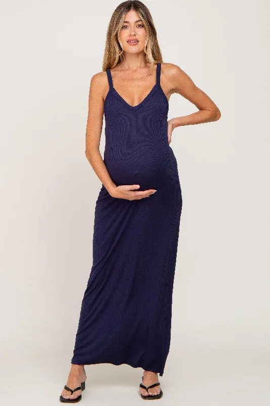 Navy Ribbed Basic Maternity Maxi Dress Elegant Floral Maxi Dress