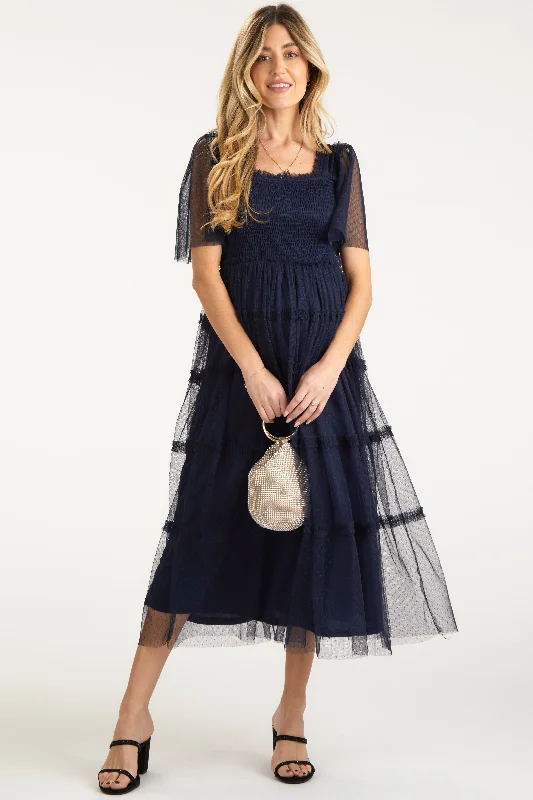 Navy Ruffled Mesh Maternity Maxi Dress Fashionable Faux Wrap Maxi Dress