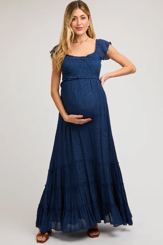 Navy Smocked Crossover Off Shoulder Maternity Maxi Dress Trendy Maxi Dress with Bow