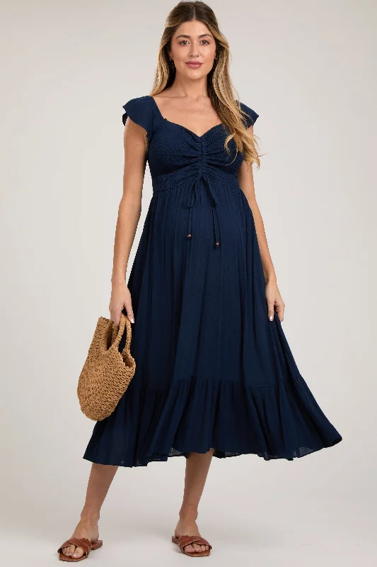 Navy Smocked Ruched Ruffle Hem Maternity Maxi Dress Stylish A-Line Maxi Dress