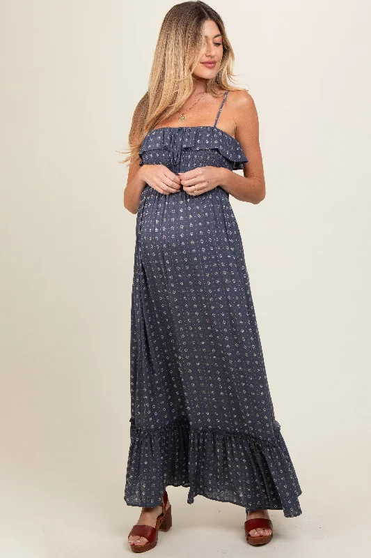 Navy Smocked Sleeveless Floral Maternity Maxi Dress Comfortable Fitted Maxi Dress