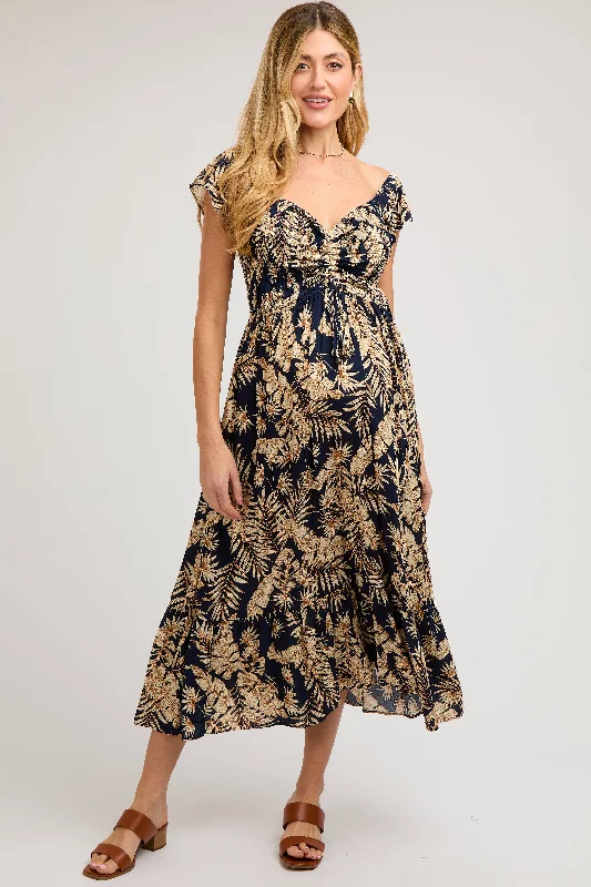 Navy Tropical Print Smocked Short Sleeve Maternity Maxi Dress Elegant Floral Maxi Dress