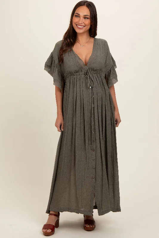 Olive Deep V-Neck Button Down Maternity Maxi Dress Stylish A-Line Maxi Dress