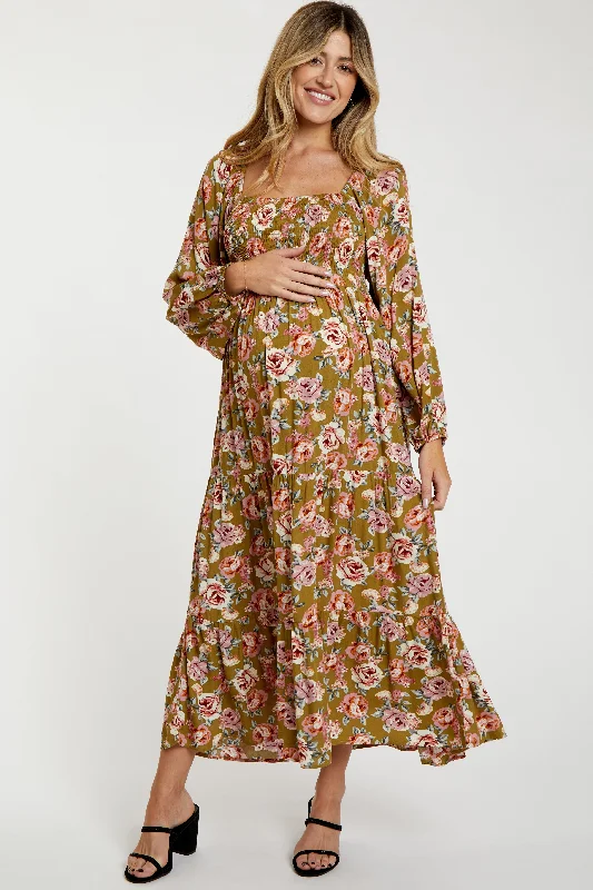 Olive Floral Long Sleeve Maternity Maxi Dress Stylish V-Neck Maxi Dress