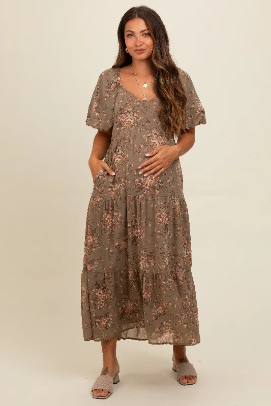 Olive Floral Tiered Puff Sleeve Maternity Maxi Dress Comfortable Satin Maxi Dress