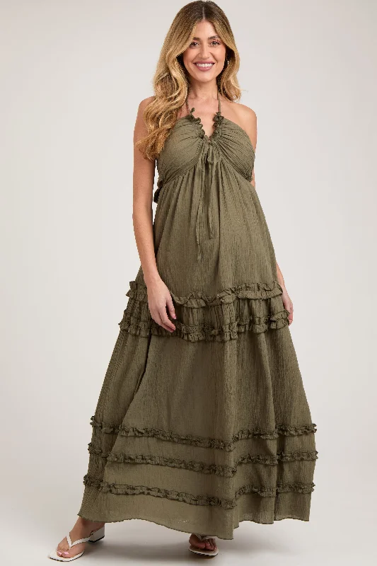 Olive Ruffle Ruched Deep V-Neck Maternity Maxi Dress Cozy Ribbed Maxi Dress