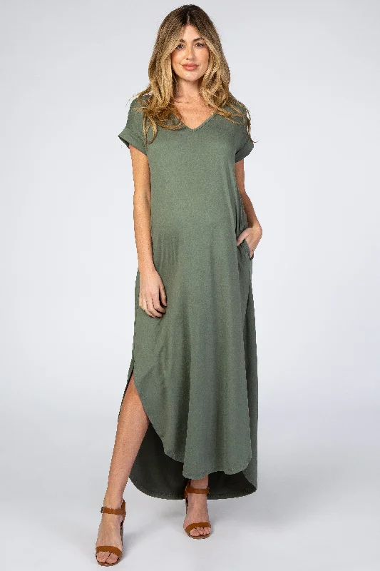 Olive Side Slit Maternity Maxi Dress Casual Maxi Dress with Pockets