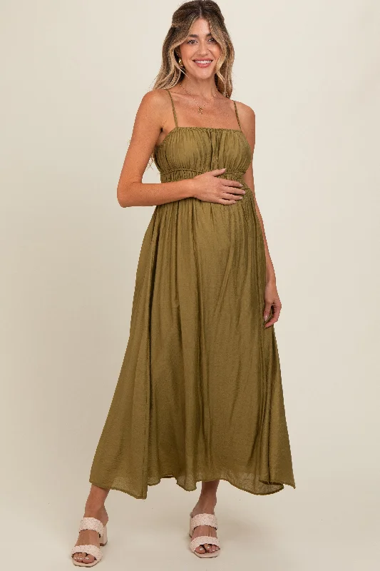 Olive Sleeveless Square Neckline Maternity Maxi Dress Stylish Off-Shoulder Maxi Dress