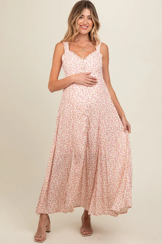 Peach Floral Button Down Maternity Maxi Dress Trendy Satin Maxi Dress