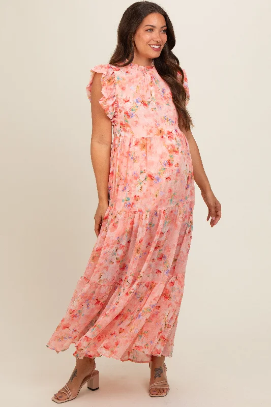 Peach Floral Chiffon Ruffle Shoulder Tiered Maternity Maxi Dress Classic V-Neck Maxi Dress