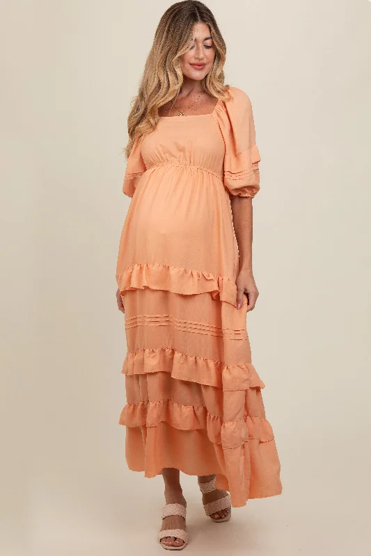 Peach Ruffle Tiered Maternity Maxi Dress Comfortable Long-Sleeve Maxi Dress