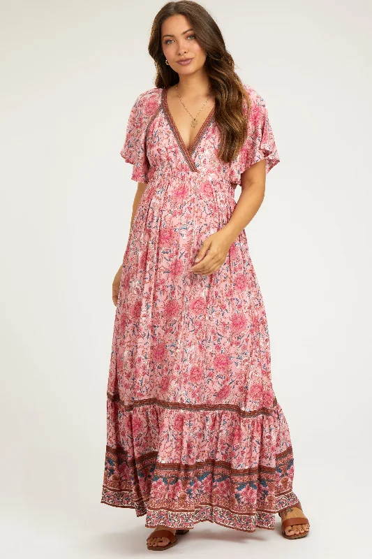 Pink Floral Flounce Sleeve Maternity Maxi Dress Fashionable High-Waist Maxi Dress