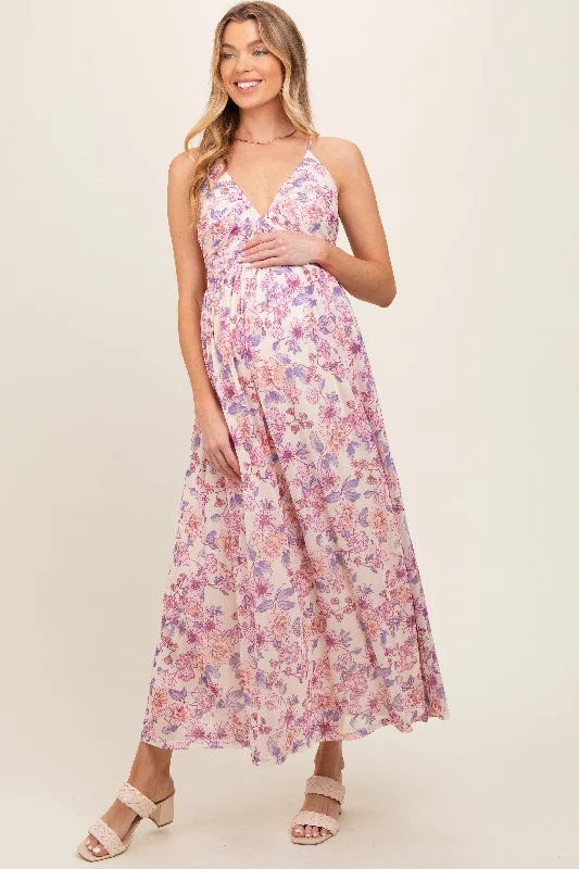 Pink Floral Mesh Sleeveless Maternity Maxi Dress Comfortable Pleated Maxi Dress