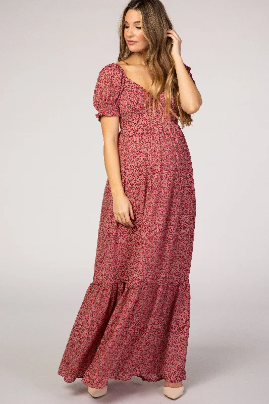 Pink Floral Puff Sleeve Maternity Maxi Dress Classic Tulle Maxi Dress