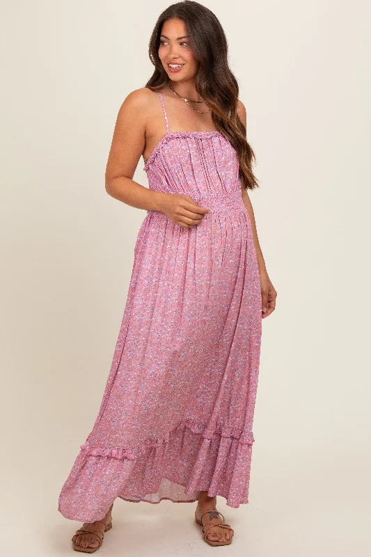 Pink Floral Ruffle Square Neck Smocked Waist Maternity Maxi Dress Chic Off-Shoulder Maxi Dress