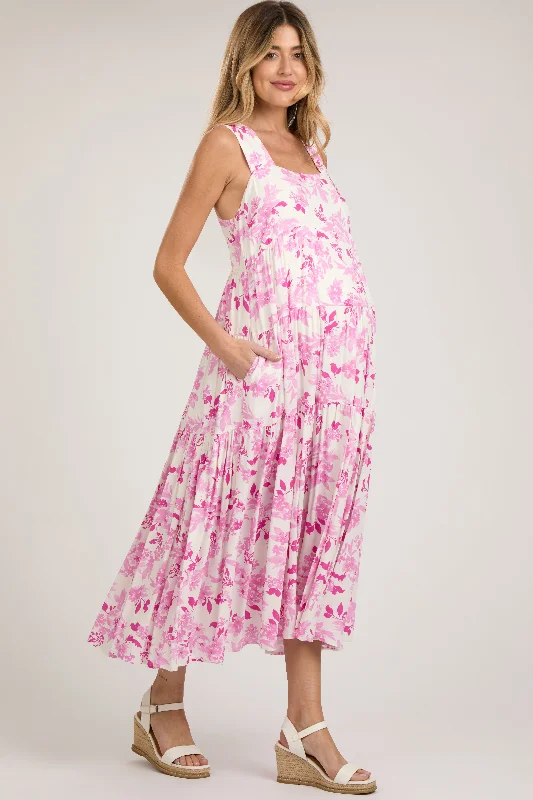 Pink Floral Sleeveless Tiered Maternity Maxi Dress Comfortable Ruffle Hem Maxi Dress