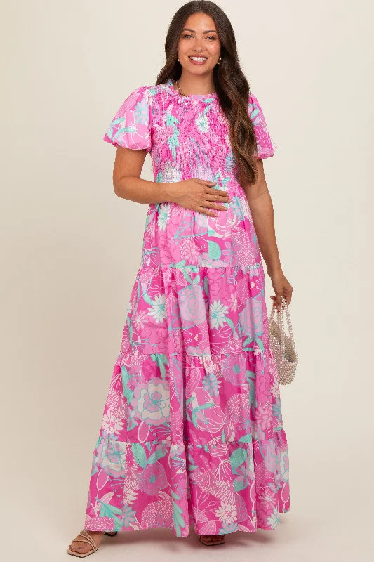 Pink Floral Smocked Short Puff Sleeve Tiered Maternity Maxi Dress Elegant Velvet Maxi Dress