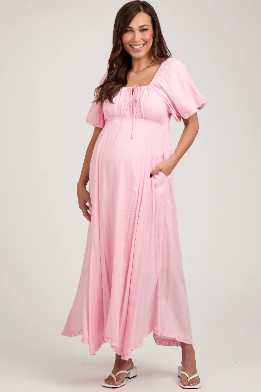 Pink Front Tie Puff Sleeve Maternity Maxi Dress Stylish Maxi Dress with Frills