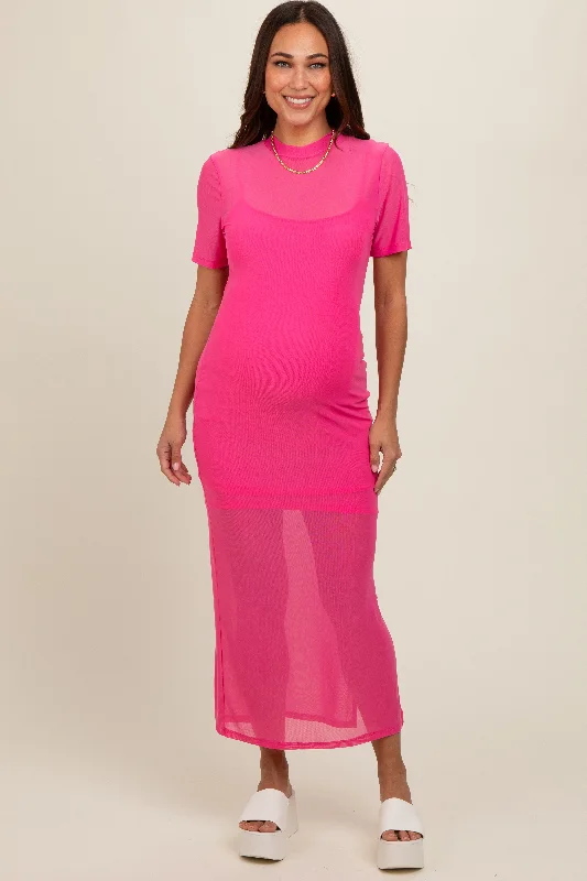 Pink Layered Mesh Maternity Maxi Dress Trendy Maxi Dress with Bow