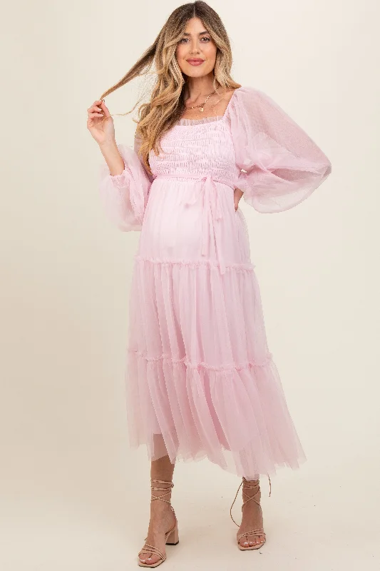 Pink Mesh Tiered Long Sleeve Maternity Maxi Dress Fashionable Faux Wrap Maxi Dress