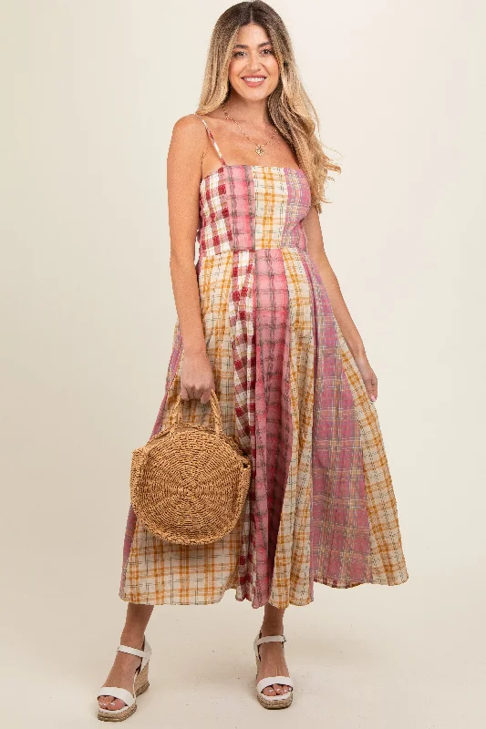 Pink Mixed Plaid Maternity Maxi Dress Chic Sleeveless Maxi Dress