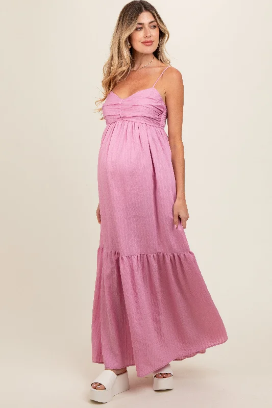 Pink Monochrome Stripe Maternity Maxi Dress Fashionable Open-Back Maxi Dress