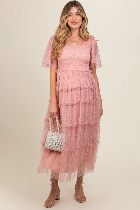 Pink Ruffled Mesh Maternity Maxi Dress Chic Boho Print Maxi Dress