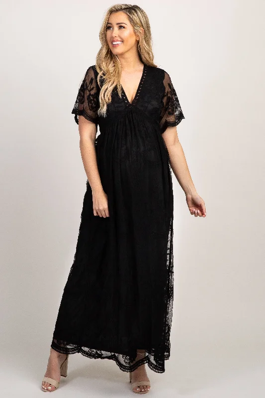 PinkBlush Black Lace Mesh Overlay Maternity Maxi Dress Elegant Floral Maxi Dress