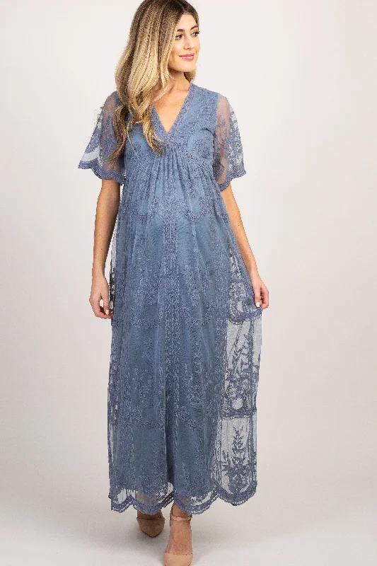 PinkBlush Blue Lace Mesh Overlay Maternity Maxi Dress Fashionable Button-Down Maxi Dress